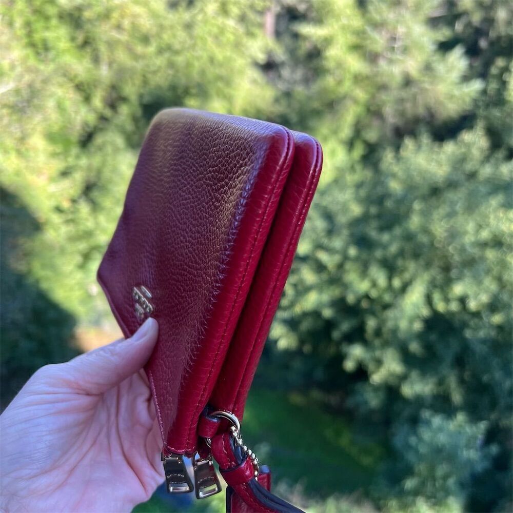 COACH Double Zip Wristlet Phone Wallet Red Pebble Leather Gold Hardware AUTHNTC - Picture 7 of 12
